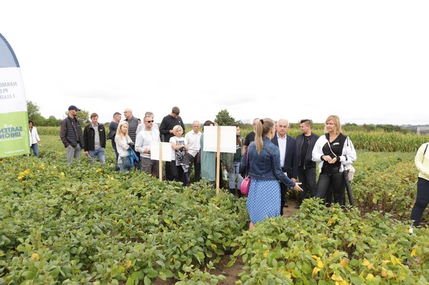 Uczestnicy spotkania słuchają przedstawiciela firmy prezentującego odmiany soi w doświadczeniu